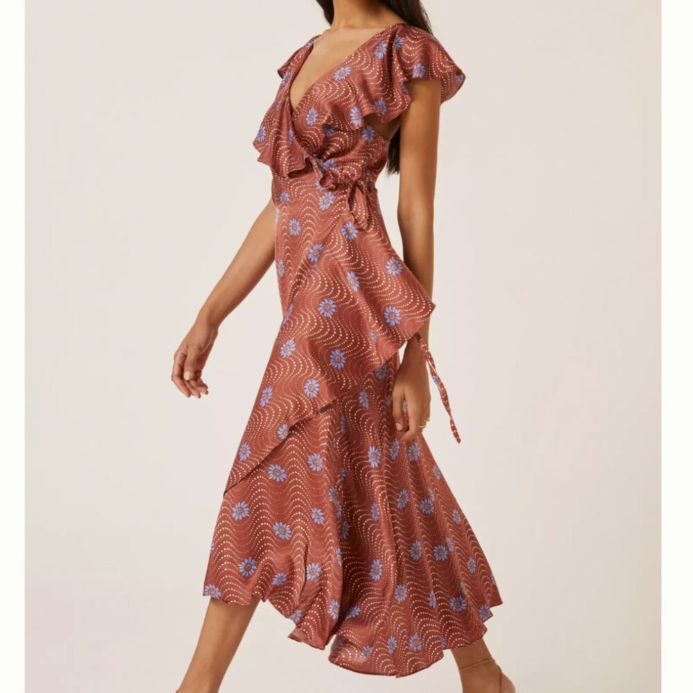 ANTHRO brown rust red Ruffle-Sleeve Printed-Wrap Maxi Dress - Picture 2 of 12